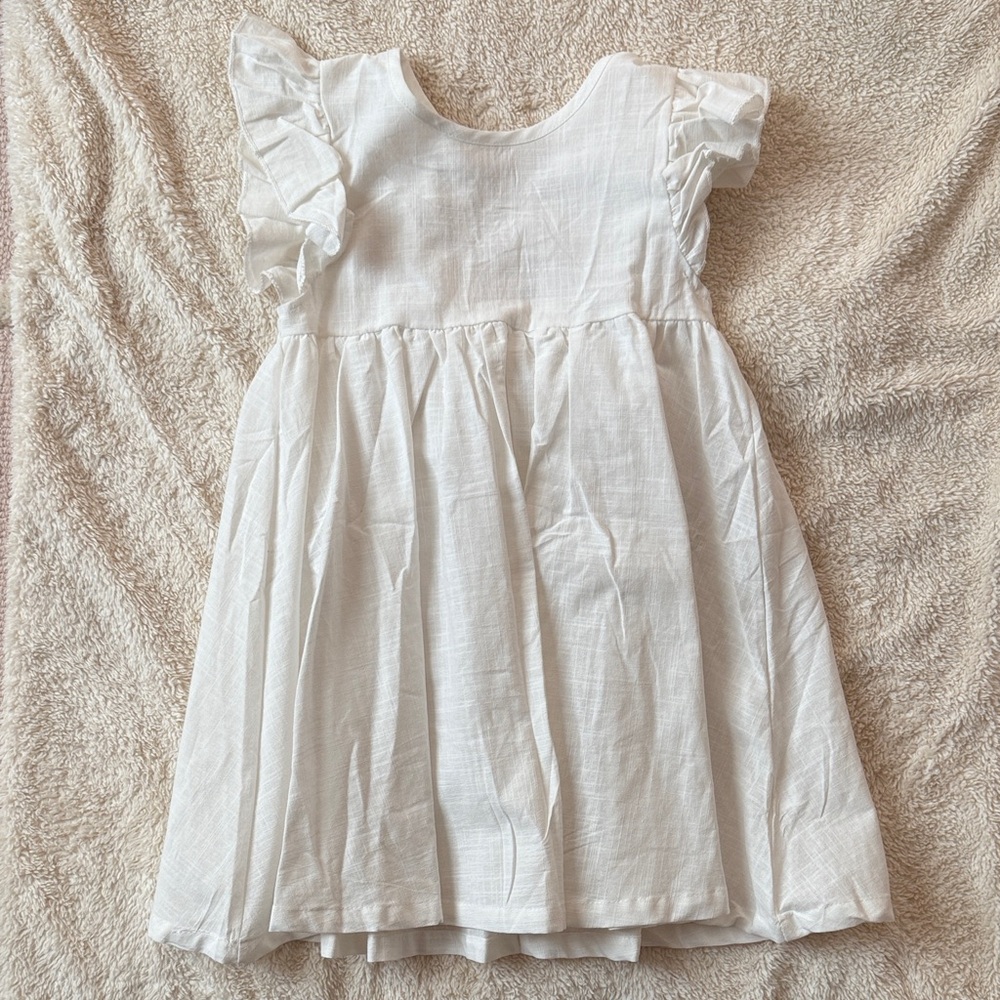 Girls White Ruffled Sleeve Dress